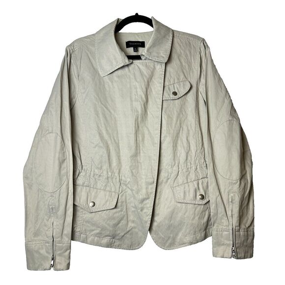 2/$30 Talbots Moto Jacket Asymmetrical Zip Size 14 Tan Neutral Cinch Waist - Picture 1 of 14